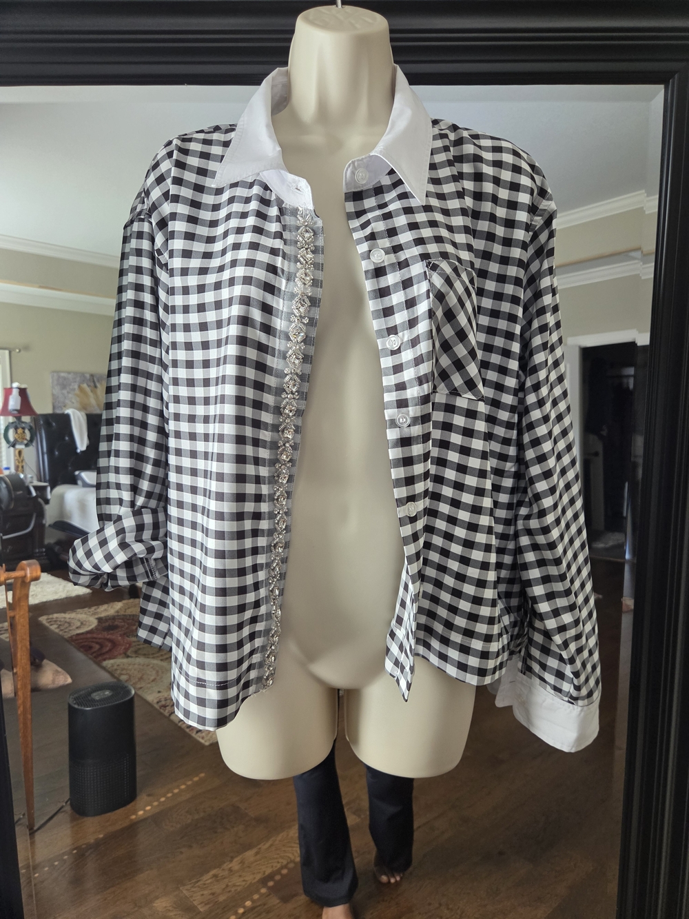 Black & White Gingham Button-Down Jacket with Contrast Collar